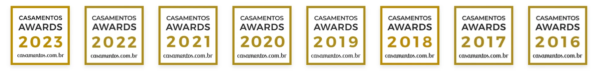 Selos Casamentos Awards de 2016 a 2023 conquistados pelo Buffet Fernandes